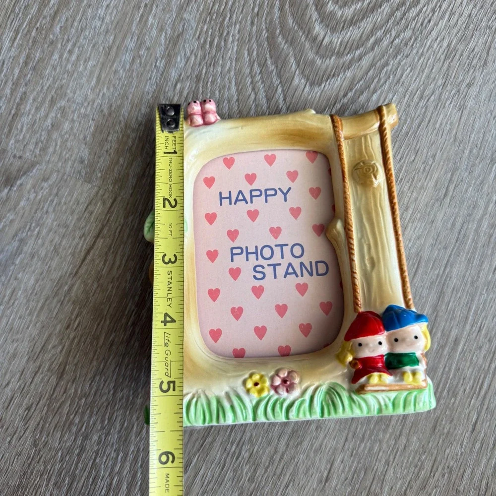Vintage Ceramic Woodland Tree Trunk Photo Frame Children on Swing Pink Birds
